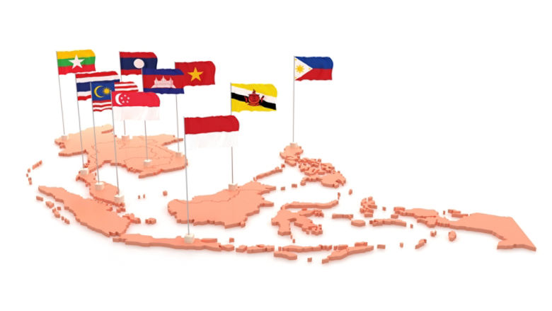 ASEAN union. ASEAN countries map and flag 3D illustrations on a white background.